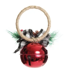 Red Christmas Bell Door Hanger with Black Buffalo Check Bow Christmas Bells And Bows|