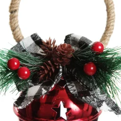 Red Christmas Bell Door Hanger with Black Buffalo Check Bow Christmas Bells And Bows|