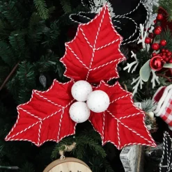 Red Christmas Holly Leaf Clip with Twine Trim Christmas Flowers|