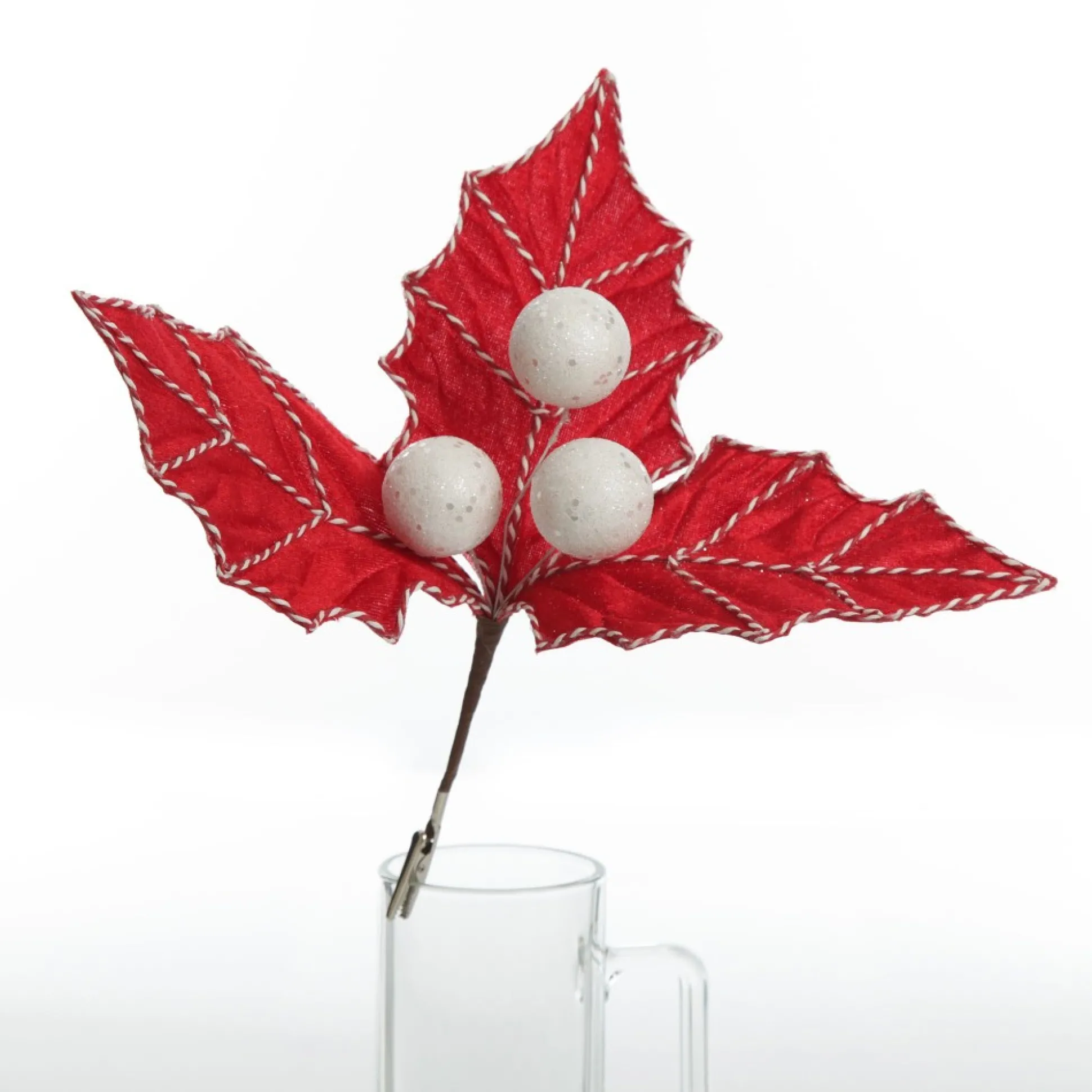 Red Christmas Holly Leaf Clip with Twine Trim Christmas Flowers|