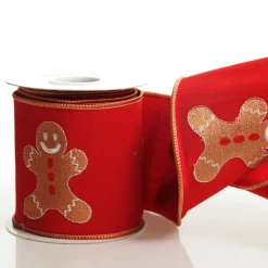 Red Christmas Ribbon Garland with Embroidered Gingerbread Tree Garlands|