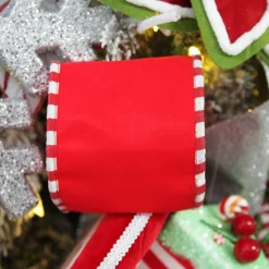 Red Christmas Ribbon Garland with Piped Striped Edge Tree Garlands|