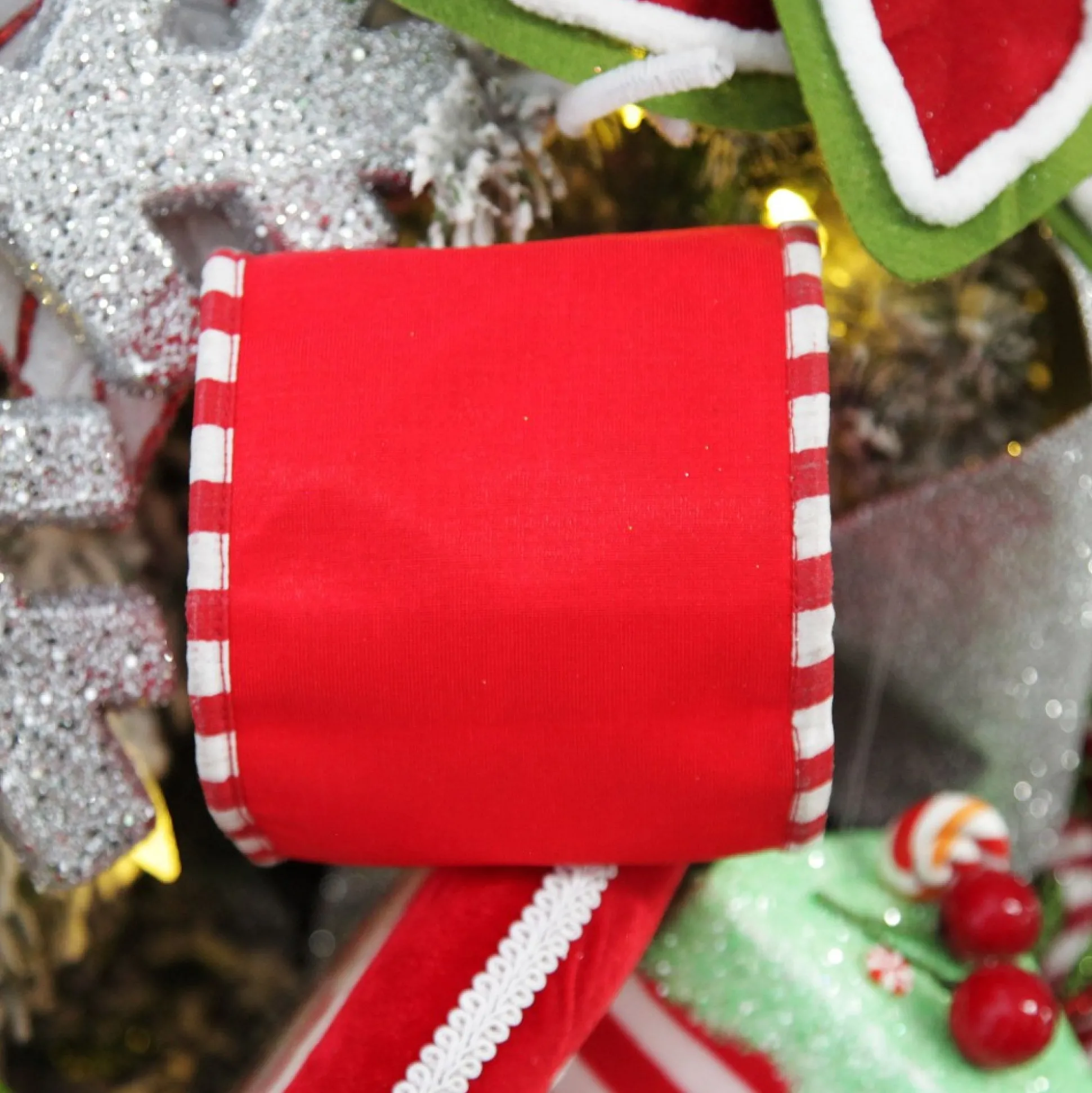 Red Christmas Ribbon Garland with Piped Striped Edge Tree Garlands|