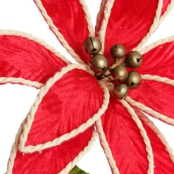 Red Embossed Flower with Rope Trim and Bells Christmas Flowers|