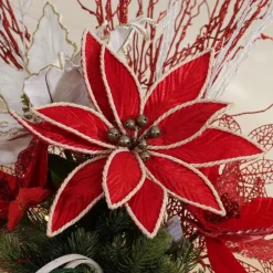 Red Embossed Flower with Rope Trim and Bells Christmas Flowers|