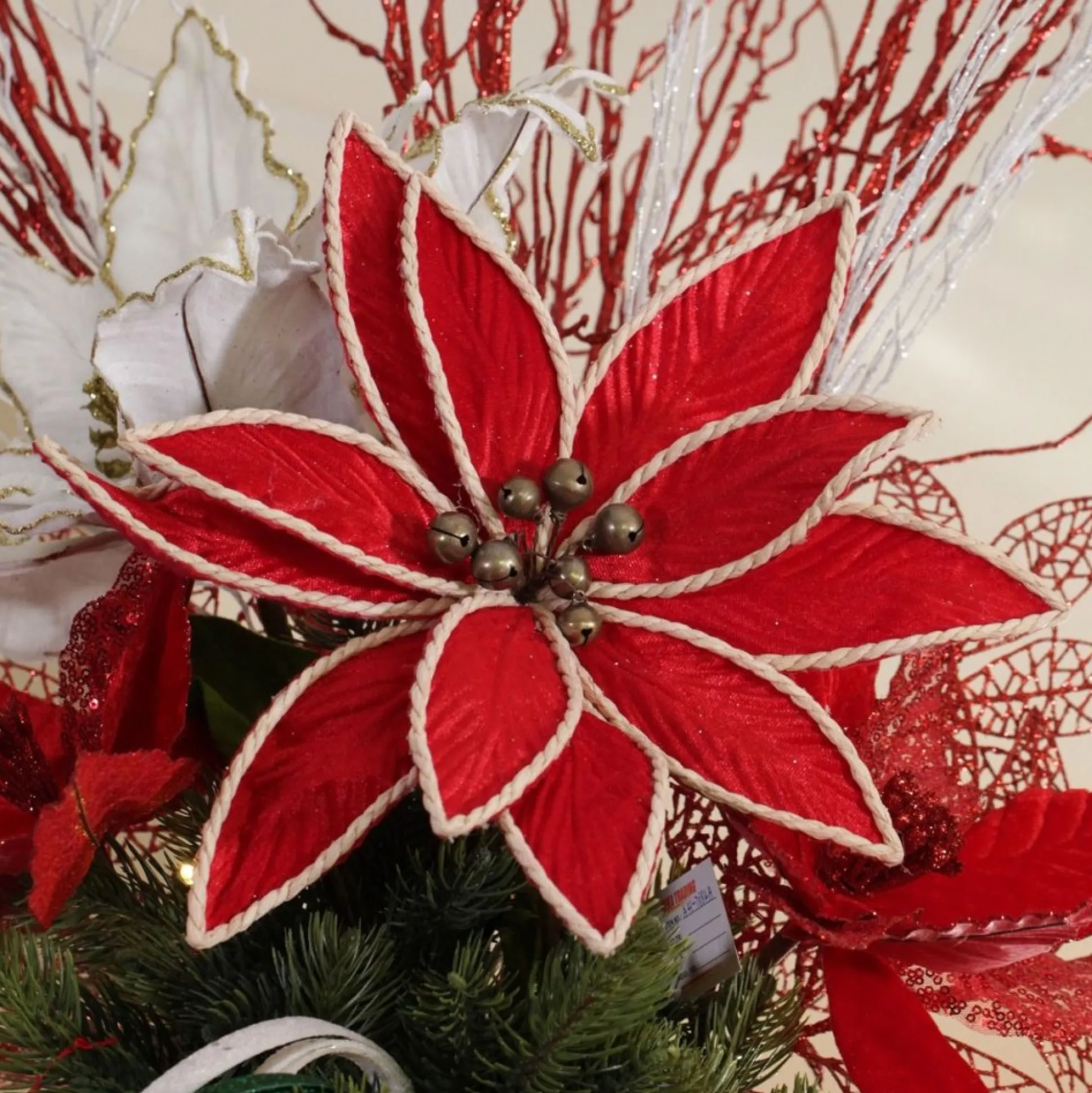 Red Embossed Flower with Rope Trim and Bells Christmas Flowers|