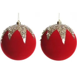 Red Flocked Christmas Bauble with Sequin Detail - Set of 2 Christmas Bauble Sets|
