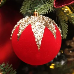 Red Flocked Christmas Bauble with Sequin Detail - Set of 2 Christmas Bauble Sets|