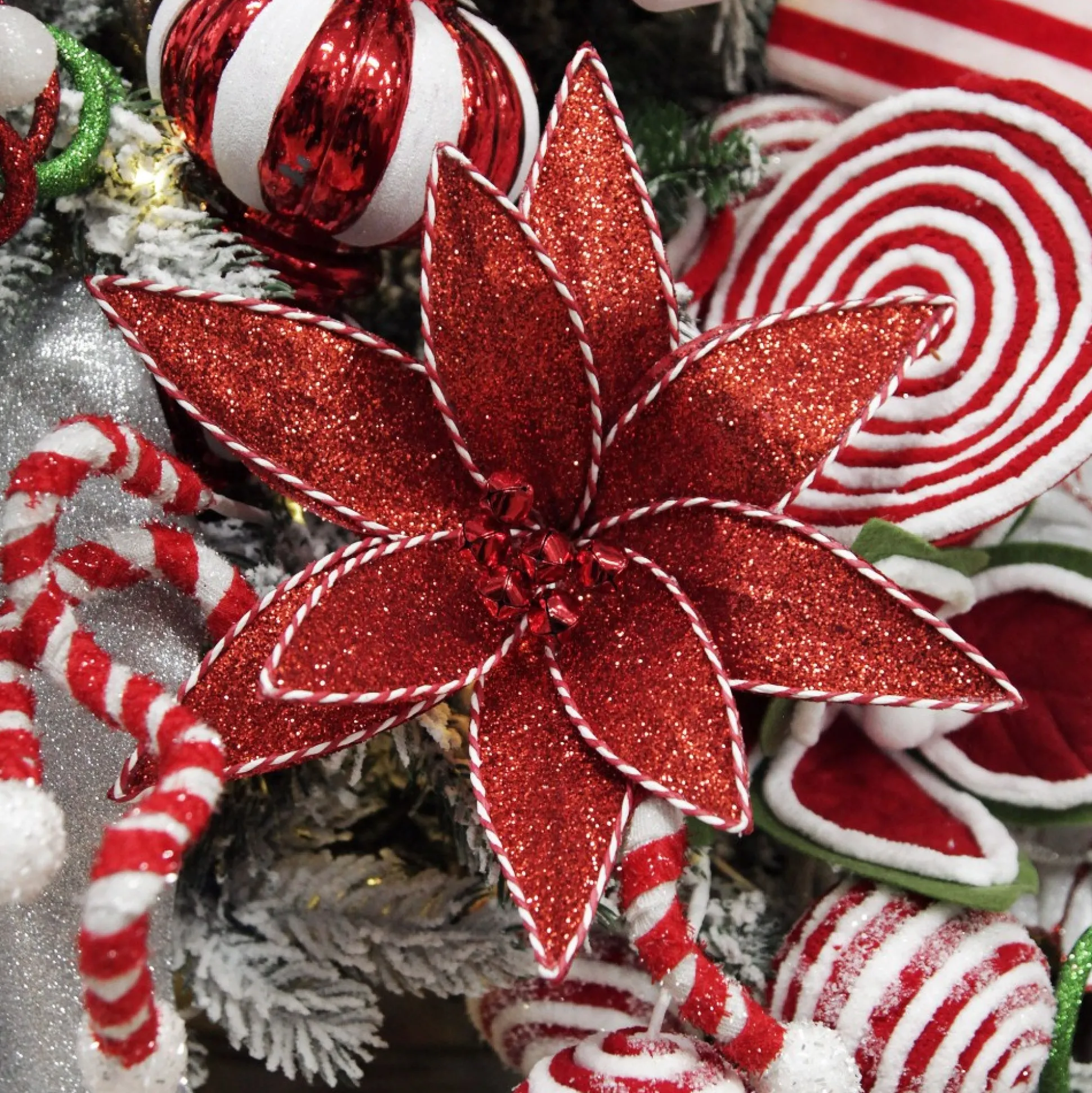 Red Glitter Poinsetta Flower Clip with Twine Trim and Bells Christmas Flowers|