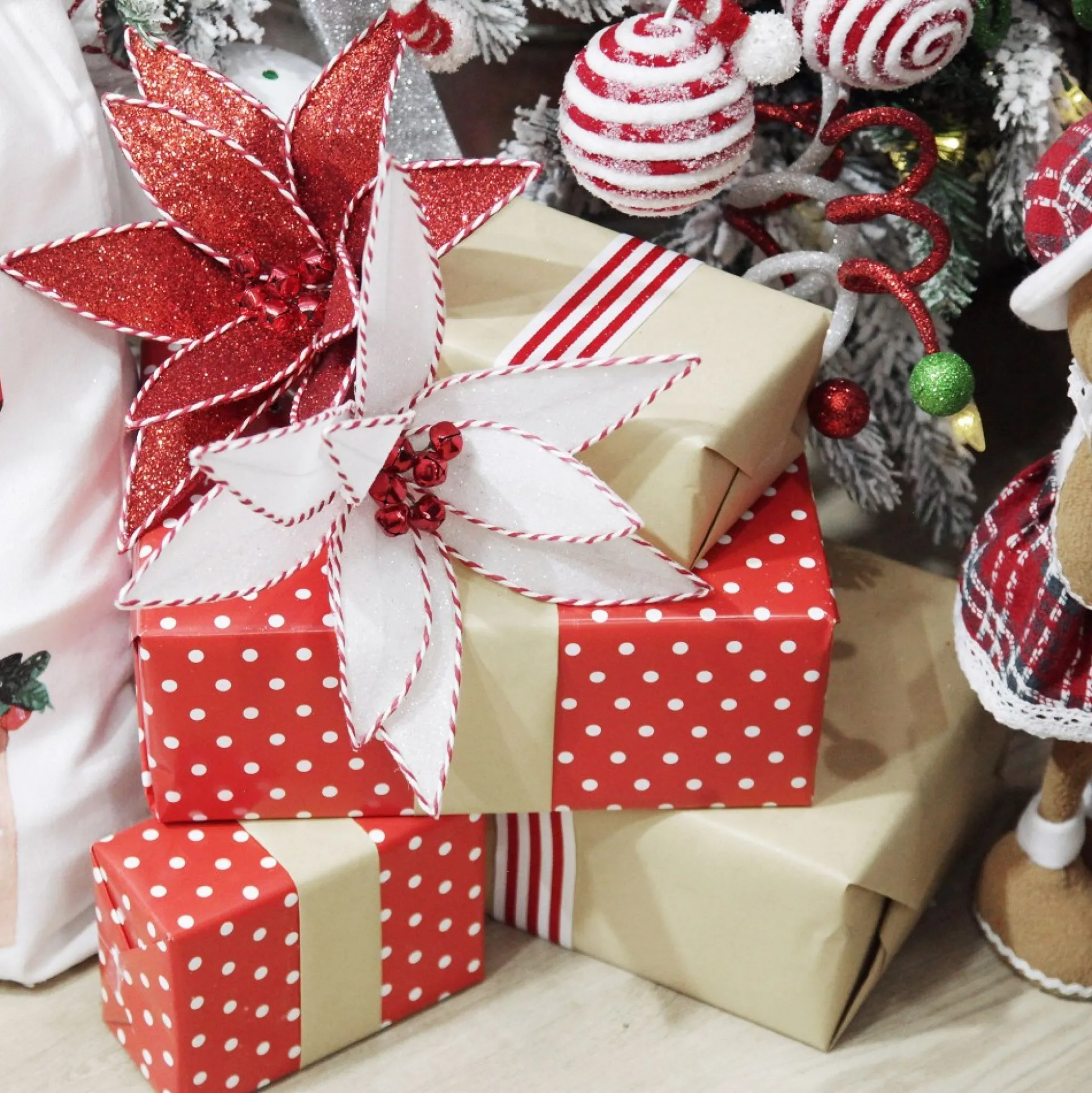 Red Glitter Poinsetta Flower Clip with Twine Trim and Bells Christmas Flowers|
