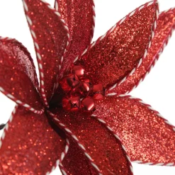 Red Glitter Poinsetta Flower Clip with Twine Trim and Bells Christmas Flowers|