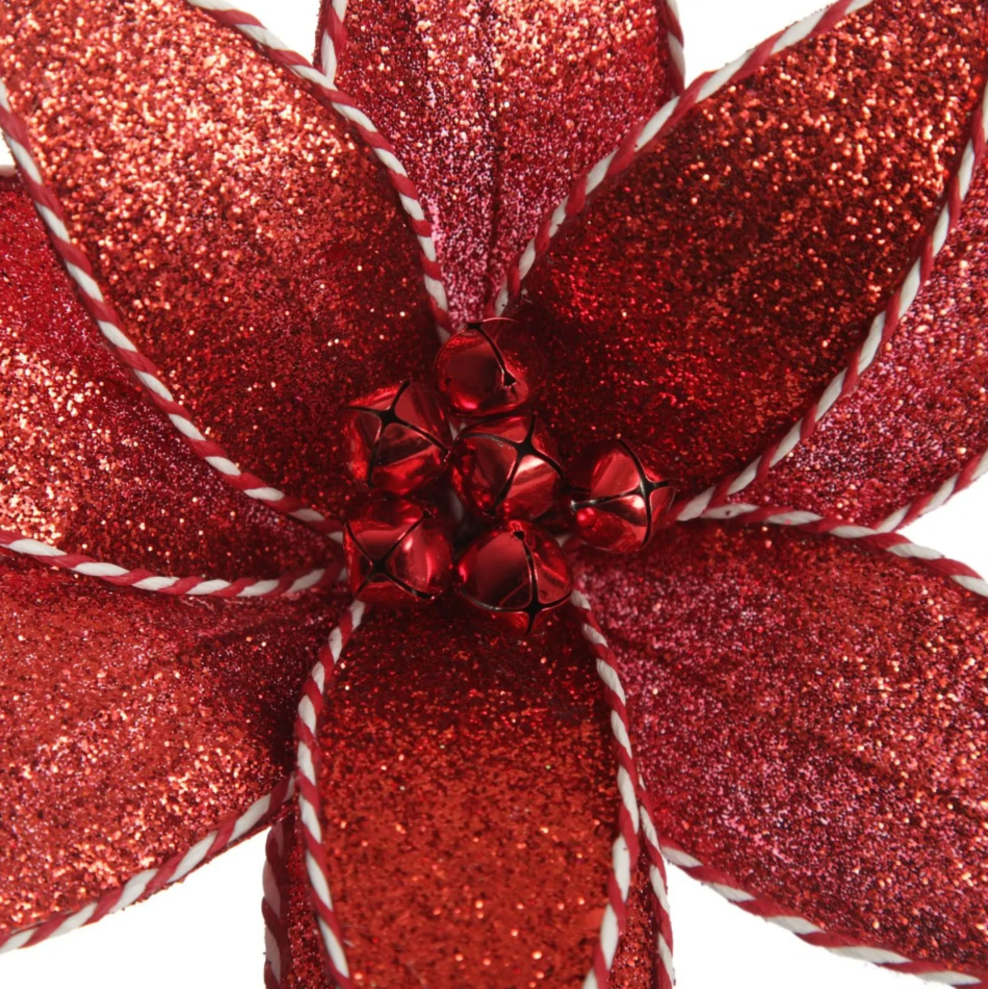 Red Glitter Poinsetta Flower Clip with Twine Trim and Bells Christmas Flowers|