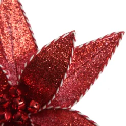 Red Glitter Poinsetta Flower Clip with Twine Trim and Bells Christmas Flowers|