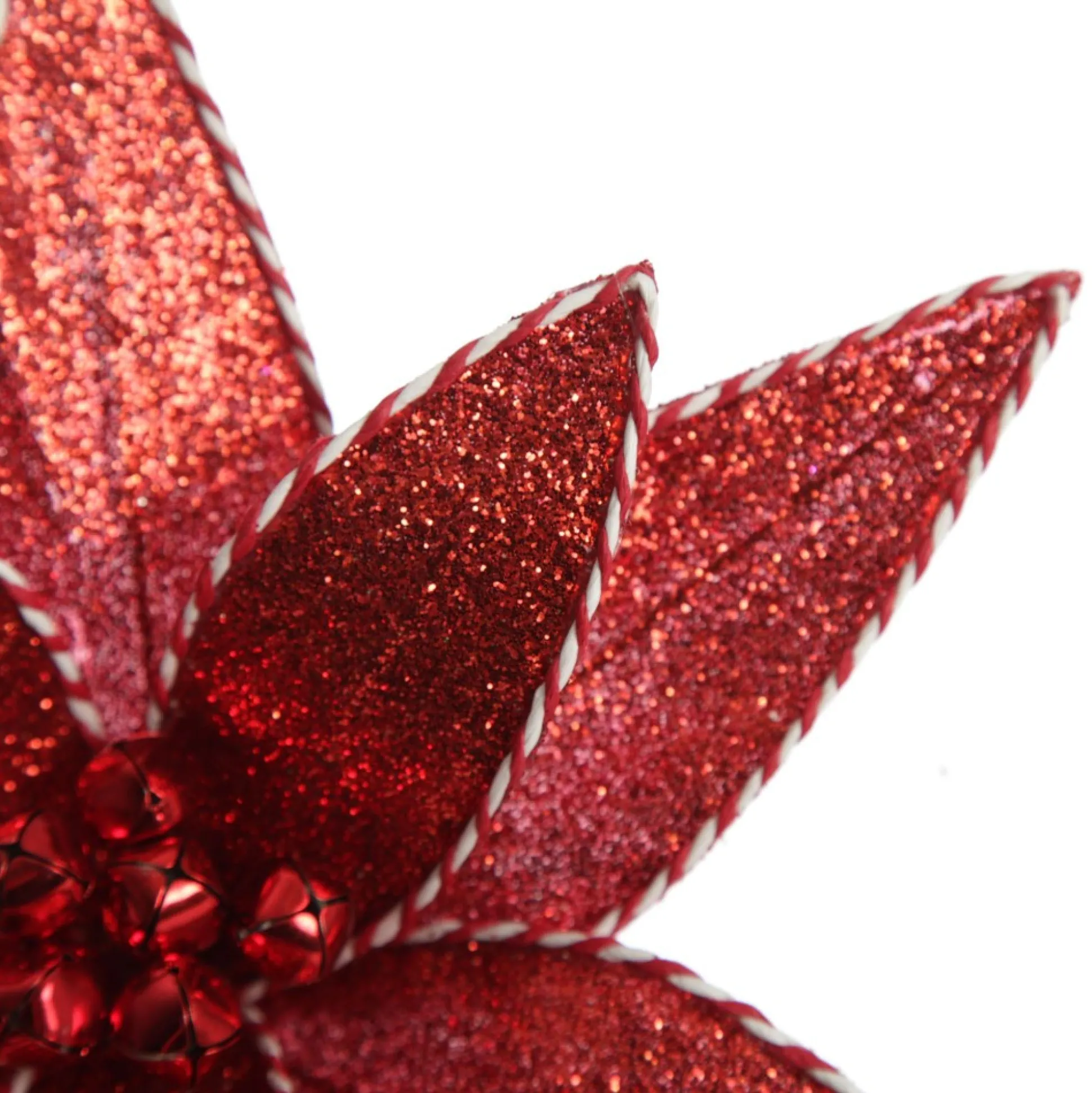 Red Glitter Poinsetta Flower Clip with Twine Trim and Bells Christmas Flowers|