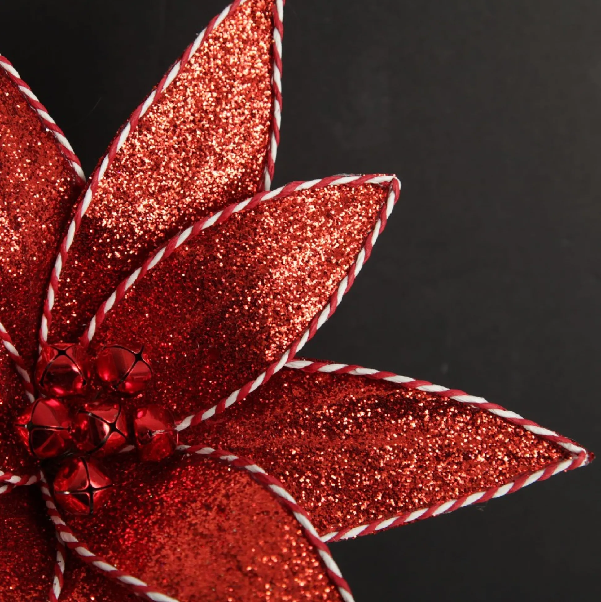 Red Glitter Poinsetta Flower Clip with Twine Trim and Bells Christmas Flowers|