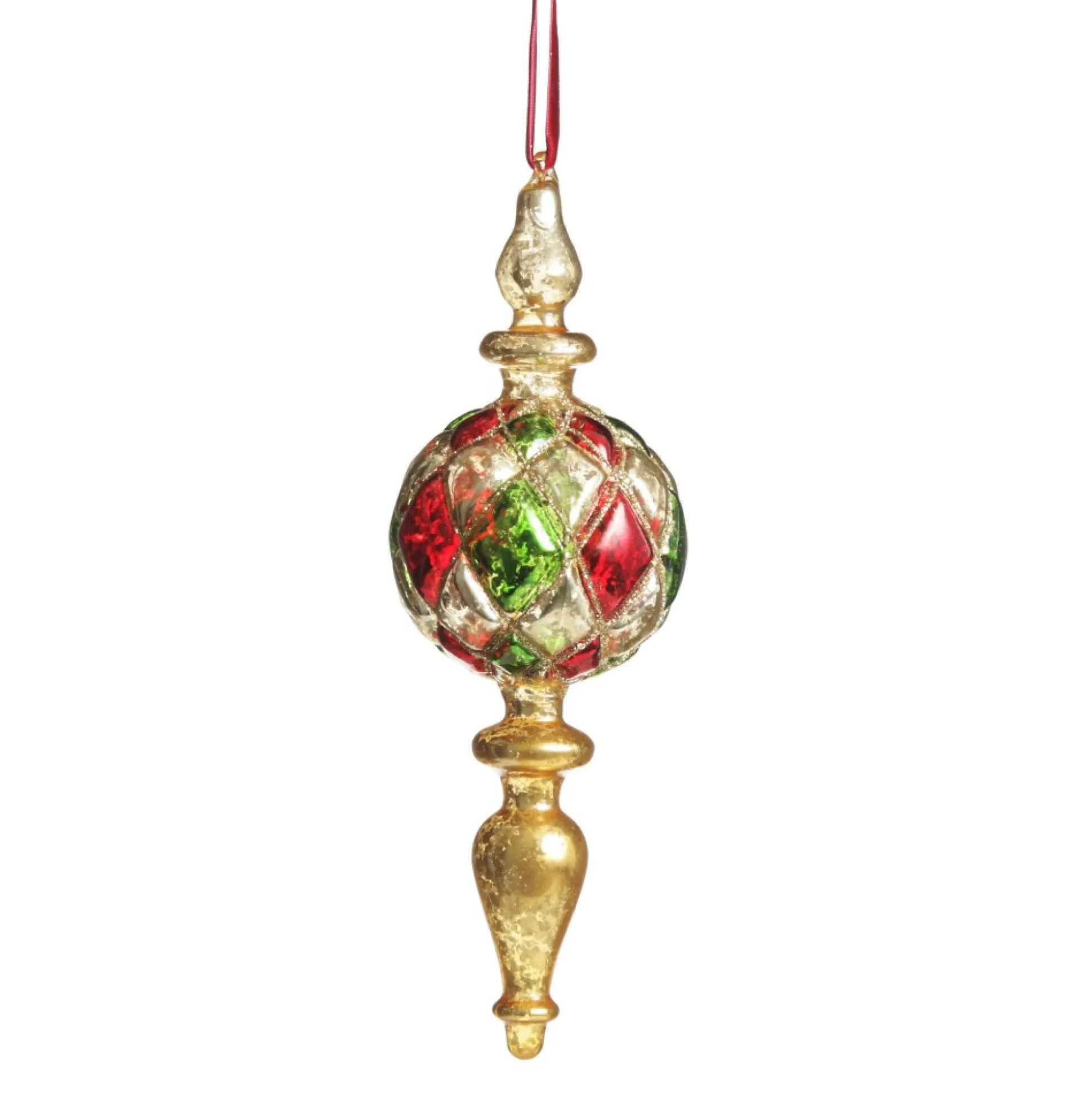 Red, Green and Gold Diamond Pressed Glass Christmas Finial Finials And Drops|