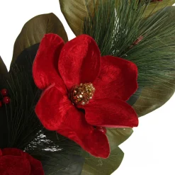 Red Magnolia Flower Green Leaf and Pine Christmas Spray Christmas Sprays|