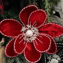 Red Magnolia Flower Stem with Twine Trim Christmas Flowers|