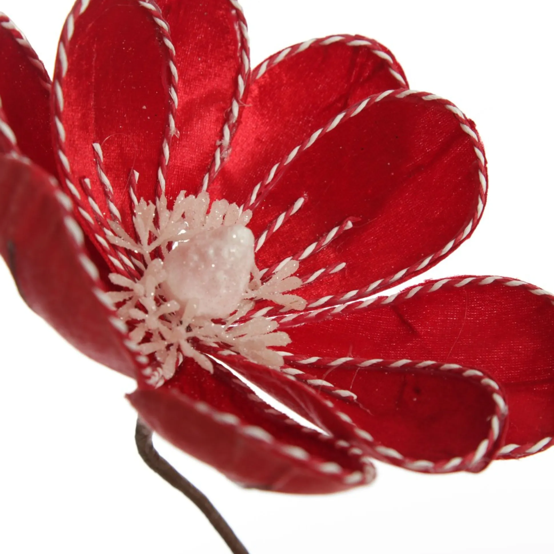 Red Magnolia Flower Stem with Twine Trim Christmas Flowers|