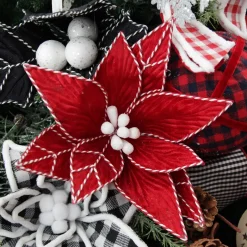 Red Poinsettia Flower Stem with Twine Trim Christmas Flowers|