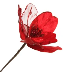 Red Satin Magnolia Flower Stem with Glitter Trim Christmas Flowers|