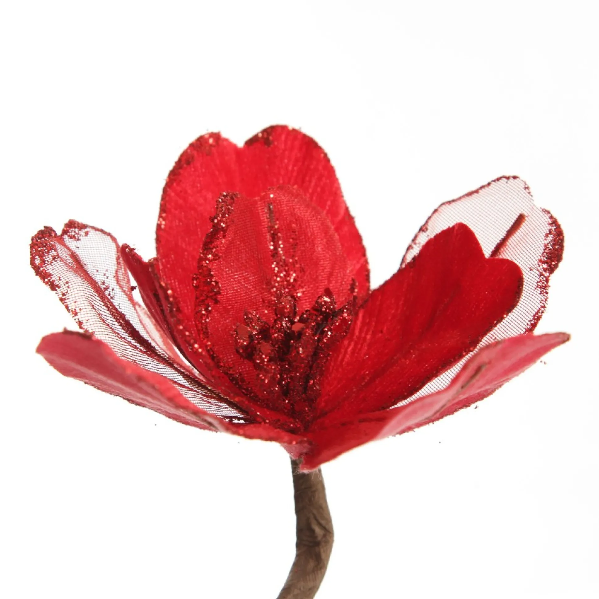 Red Satin Magnolia Flower Stem with Glitter Trim Christmas Flowers|