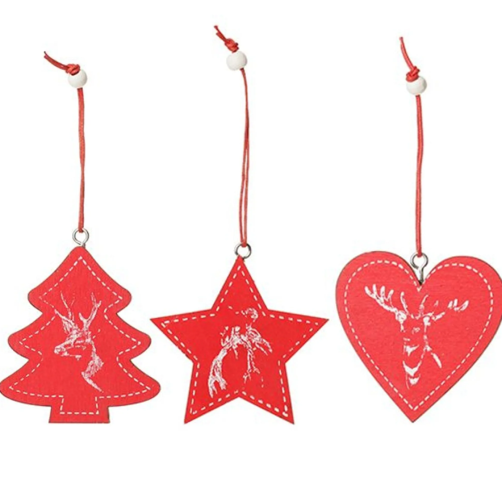 Red Vintage Deer Stamped Christmas Decorations - Set of 6 Christmas Tree Decorations|