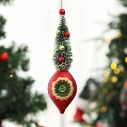 Red Vintage Glass Christmas Finial with Tree Christmas Tree Decorations|