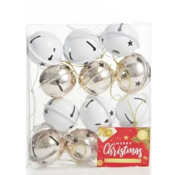 Rose Gold and White 4cm Jingle Bell Decorations - Box of 12 Christmas Bells And Bows|