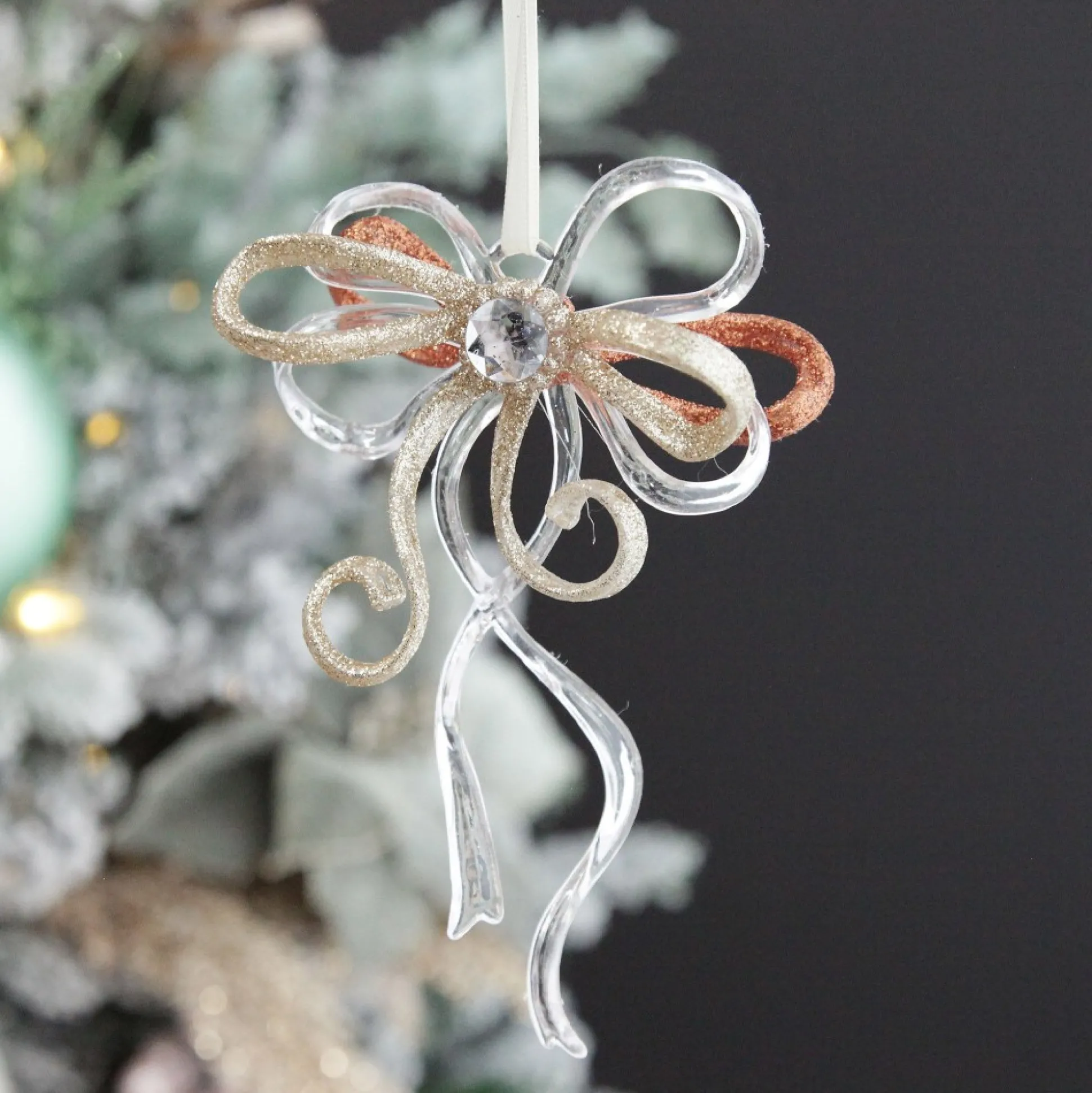 Rose Gold Glitter and Clear Acrylic Bow Tree Decoration Christmas Tree Decorations|