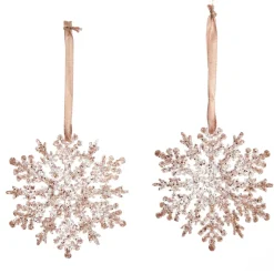 Rose Gold Glittter Snowflake Tree Decorations - Set of 2 Snowflakes And Stars|