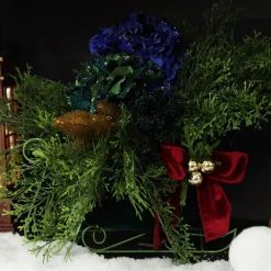 Royal Green Velvet Sleigh with Red Bow Christmas Ornaments|