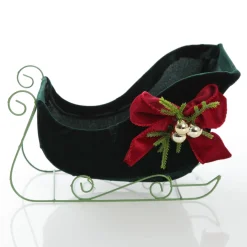 Royal Green Velvet Sleigh with Red Bow Christmas Ornaments|