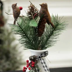 Rusted Tin Bird, Pinecone and Red Berry Pick Christmas Pick|