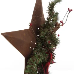 Rusted Tin Star Tree Topper with Buffalo Check Bow and Pine Tree Toppers|