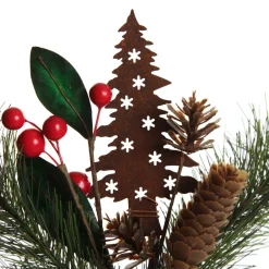 Rusted Tin Tree, Pinecone and Red Berry Pick Christmas Pick|