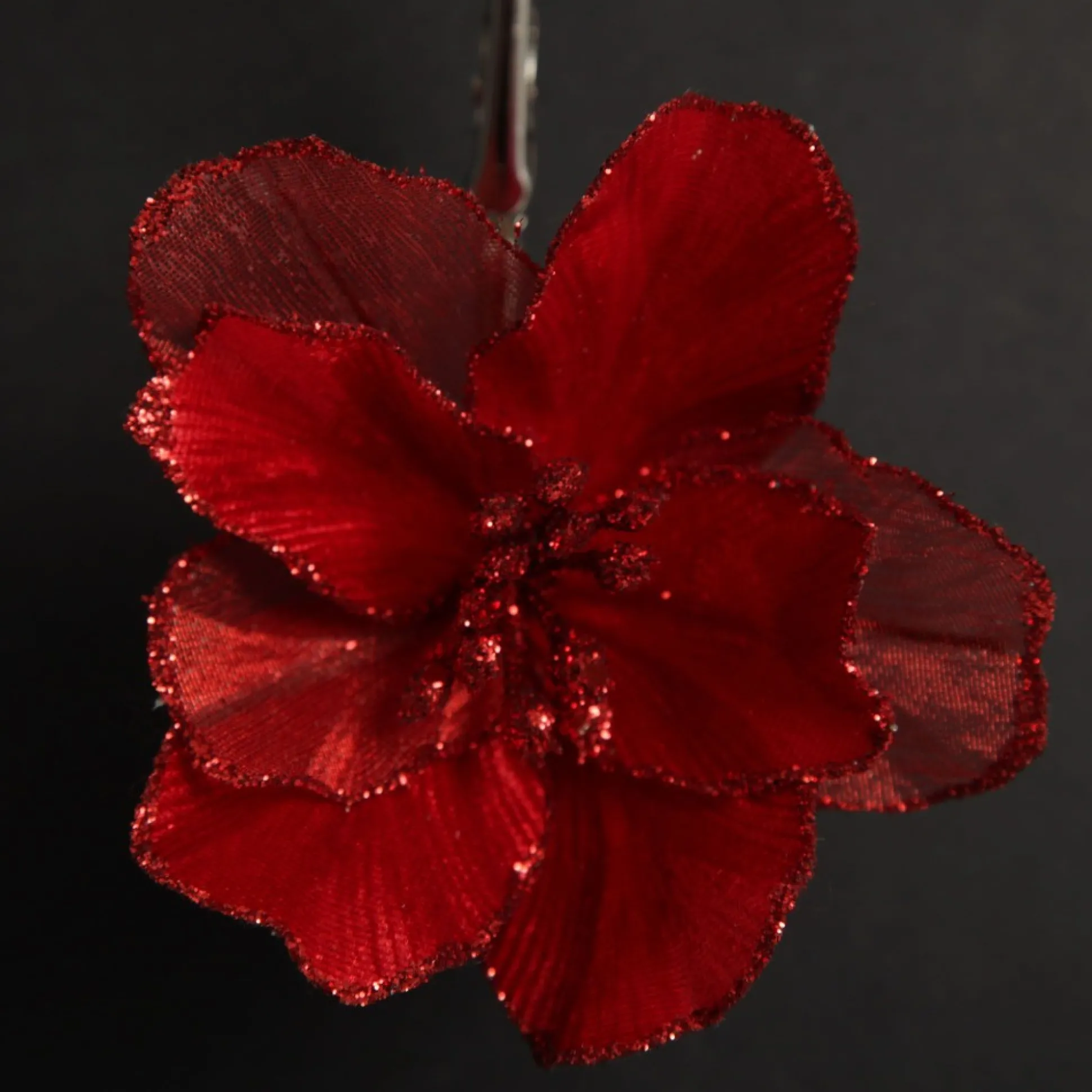 Sheer Red with Sequin Edge Magnolia Flower Clip Christmas Flowers|