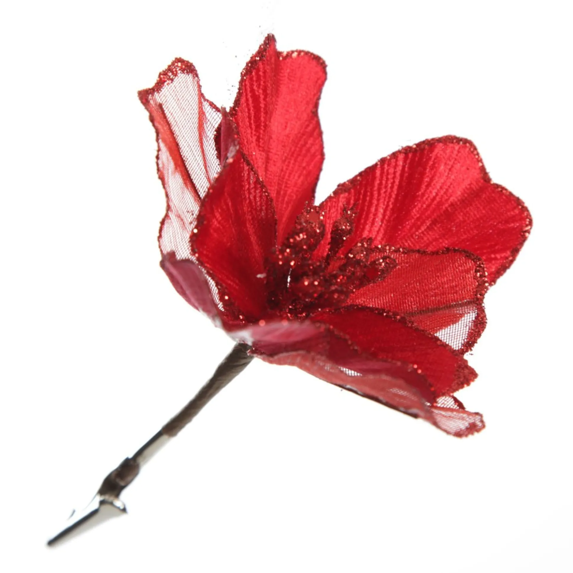 Sheer Red with Sequin Edge Magnolia Flower Clip Christmas Flowers|