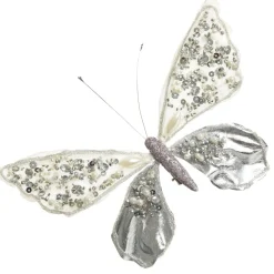Shiny White and Silver Butterfly Clip with Sequin Embellishments Butterflies And Birds|