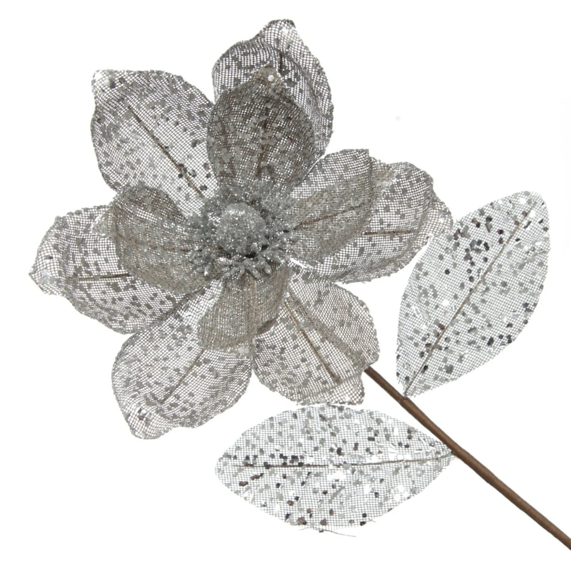 Silver and Sequin Magnolia Flower Stem Christmas Flowers|