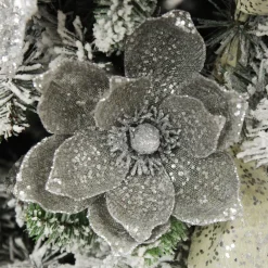Silver and Sequin Magnolia Flower Stem Christmas Flowers|