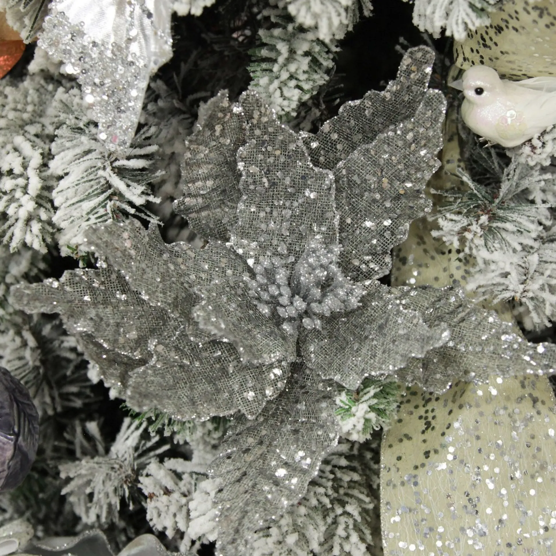 Silver and Sequin Poinsettia Flower Stem Christmas Flowers|