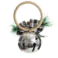 Silver Christmas Bell Door Hanger with Black Buffalo Check Bow Christmas Bells And Bows|