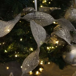 Silver Curved Leaf Glitter Spray Christmas Sprays|
