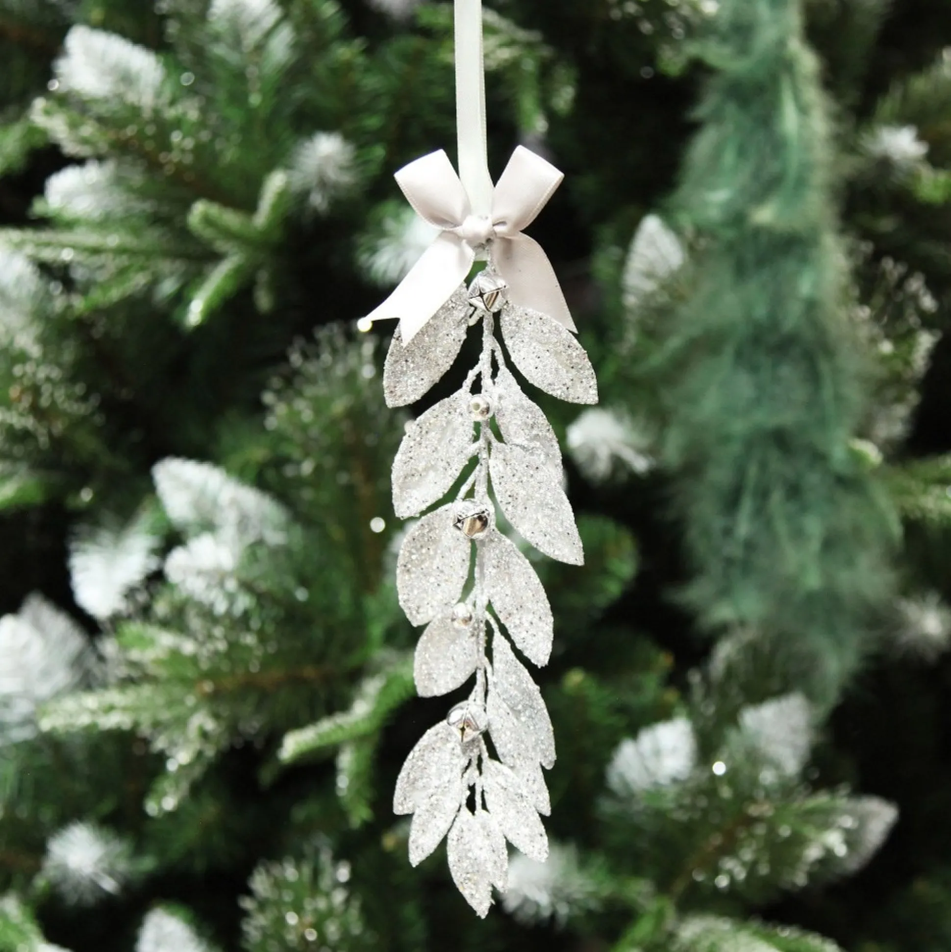 Silver Glitter Leaf Tree Decoration with Mini Bells Christmas Tree Decorations|