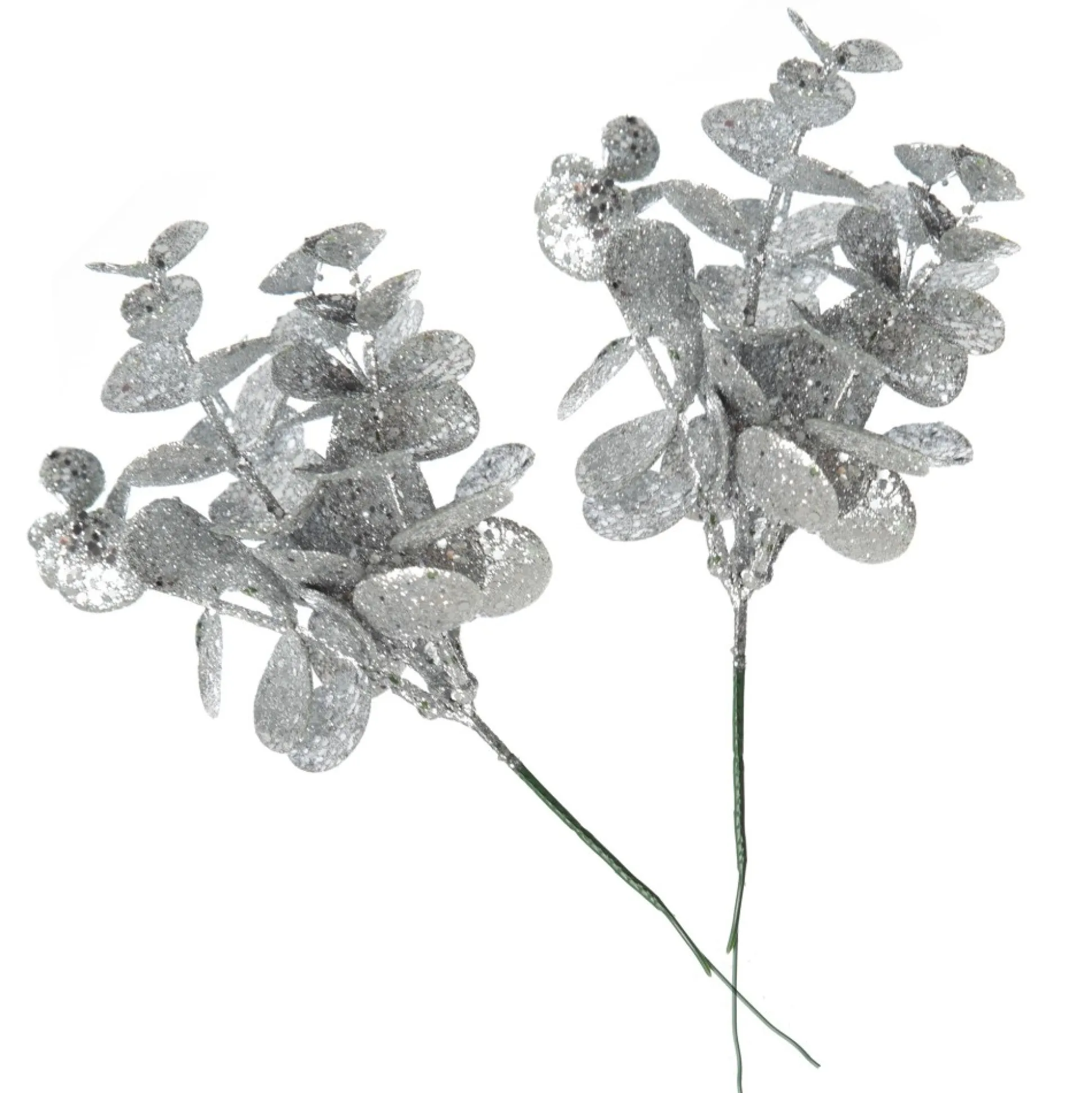 Silver Glitter Silver Dollar Leaf Pick - Set of 2 Christmas Pick|