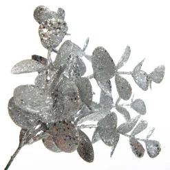 Silver Glitter Silver Dollar Leaf Pick - Set of 2 Christmas Pick|