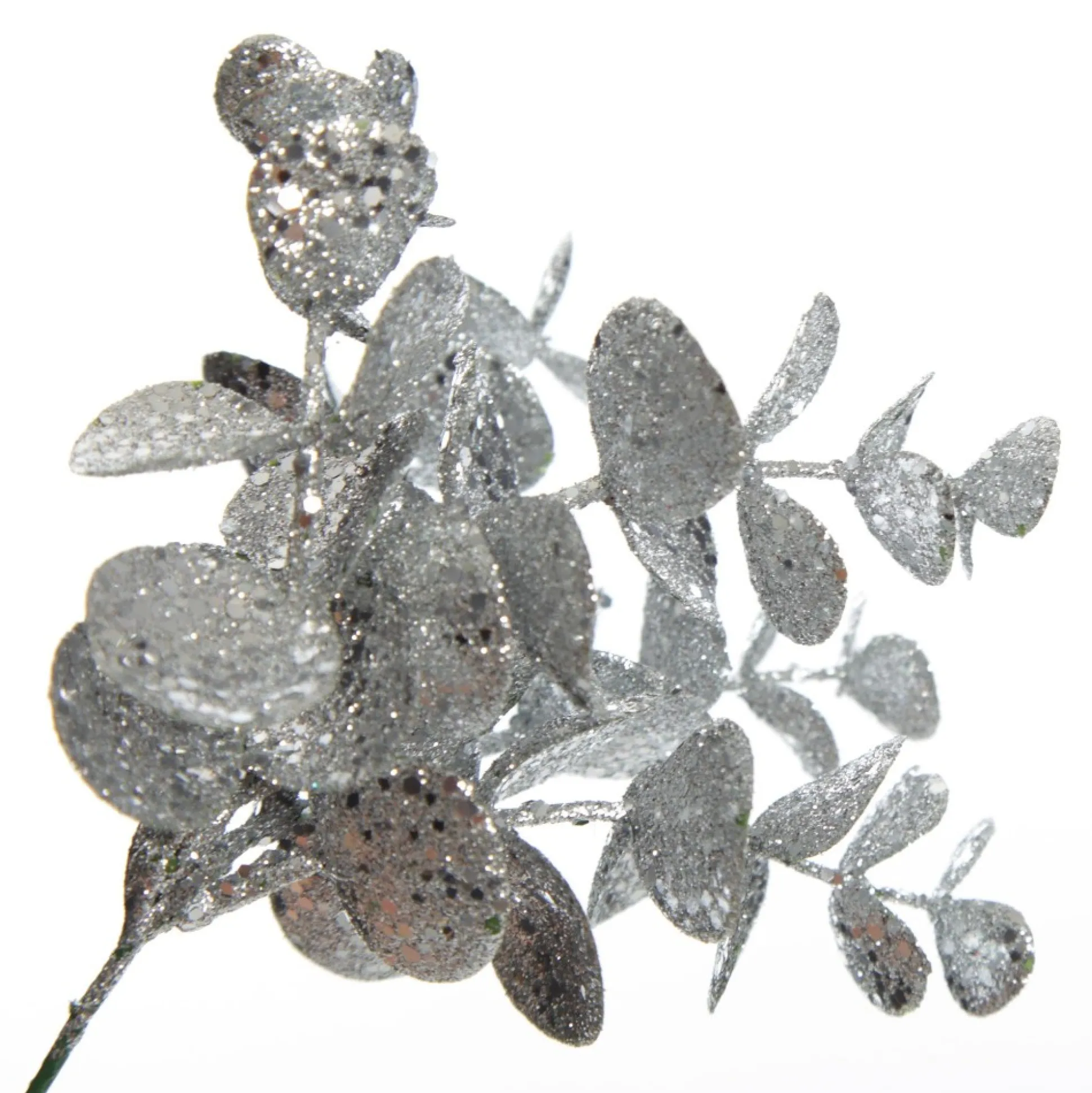 Silver Glitter Silver Dollar Leaf Pick - Set of 2 Christmas Pick|