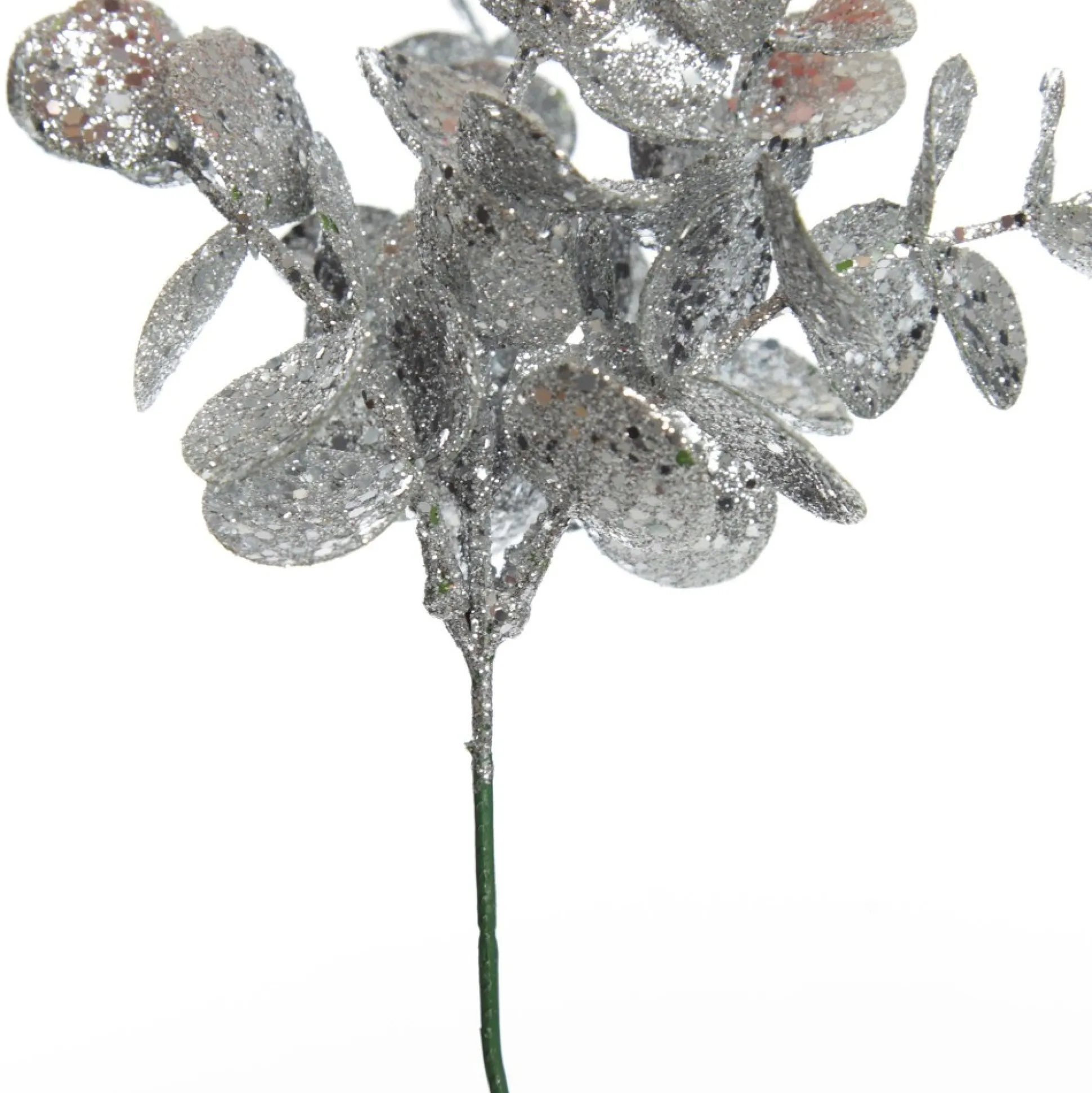 Silver Glitter Silver Dollar Leaf Pick - Set of 2 Christmas Pick|