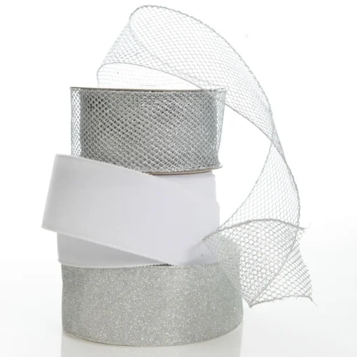 Silver Glitter Wired Christmas RIbbon - 6.5cm Ribbons|